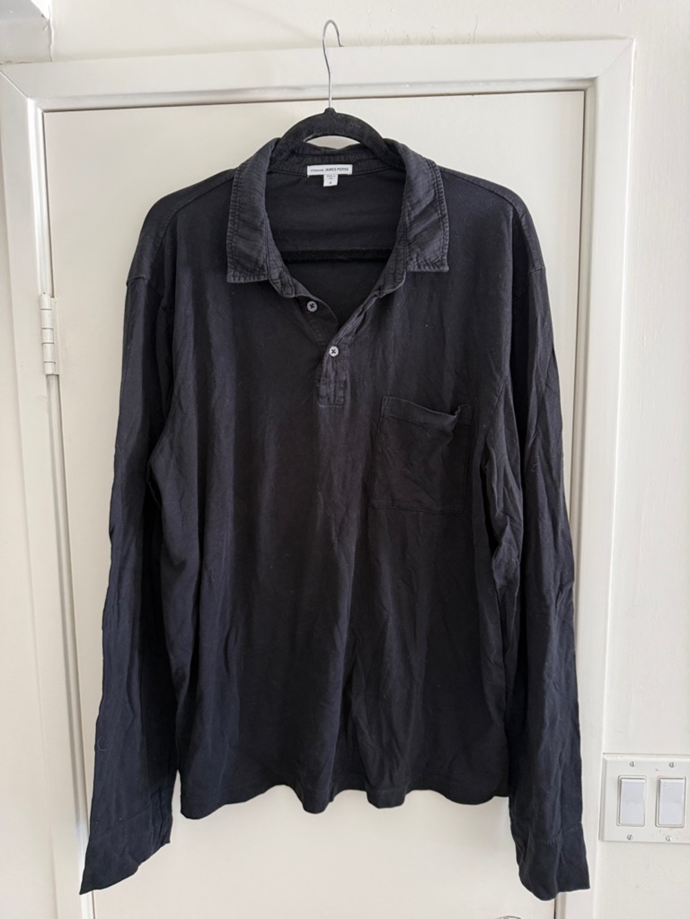 James Perse Black Long-Sleeve Corduroy-Collar Polo
